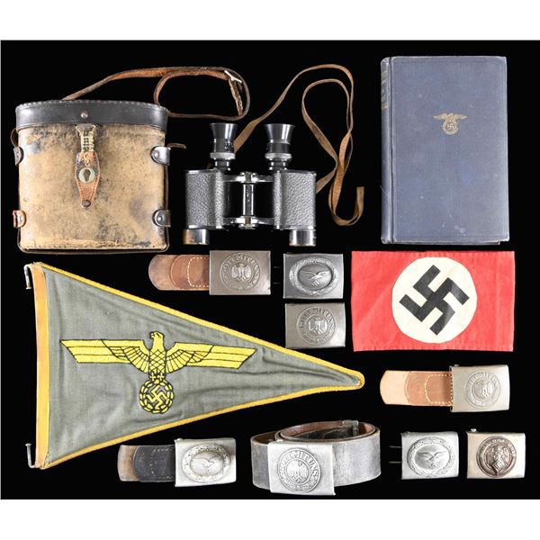 WWII GERMAN BELT BUCKLES, BOOK, PENNANT AND MORE.