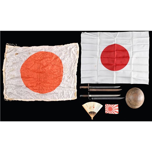 WWII JAPANESE HELMET, BAYONETS, AND FLAGS.