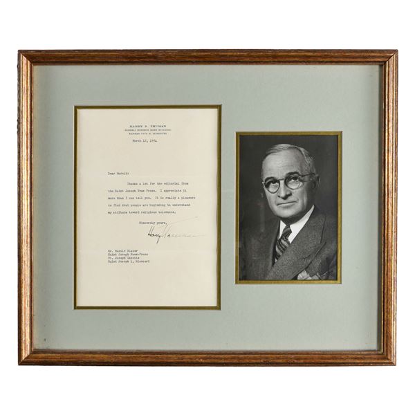 HARRY S. TRUMAN LETTER WITH PHOTO.