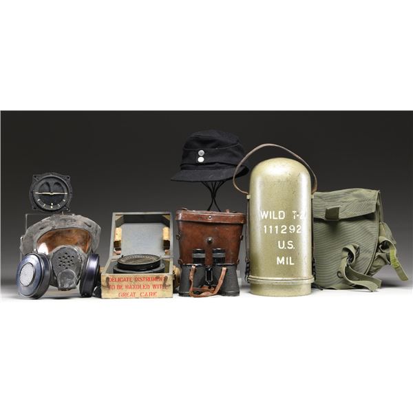 VARIOUS MILITARY INSTURMENTS, GASMASK, BINOCULARS,