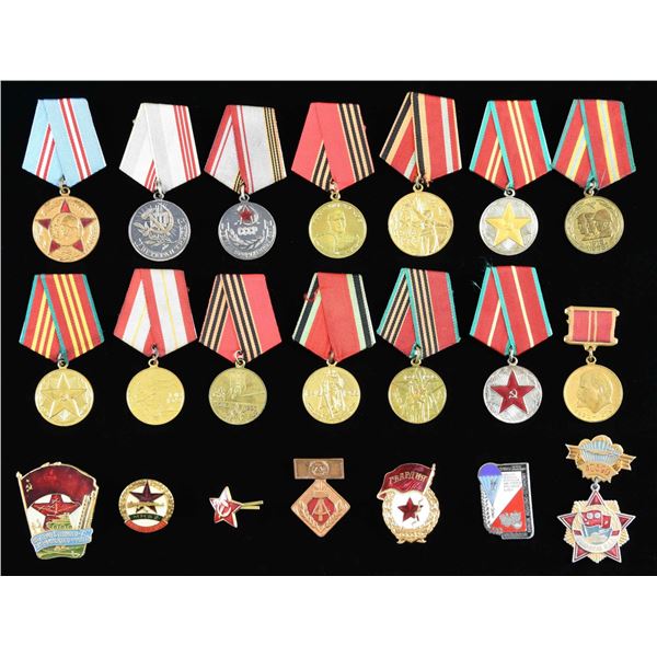 21 RUSSIAN & SOVIET BLOCK MEDALS & PINS.