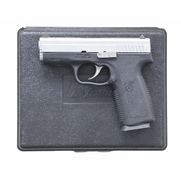 KAHR KP45 SEMI AUTO PISTOL WITH MATCHING BOX.