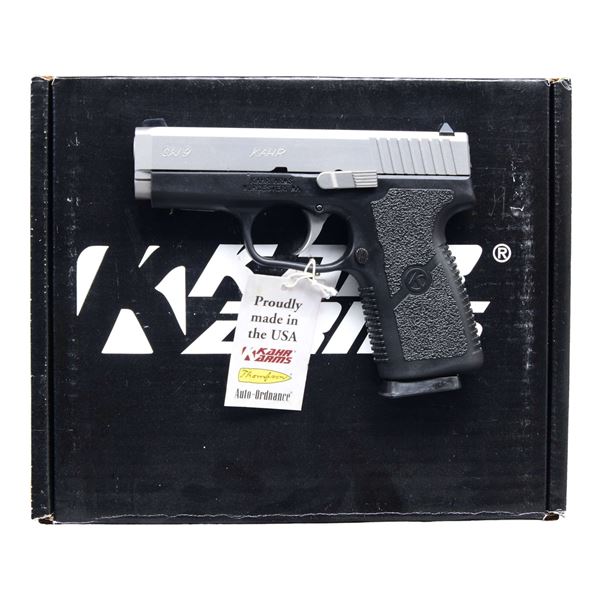 KAHR CW9 SEMI AUTO PISTOL WITH FACTORY CASE.