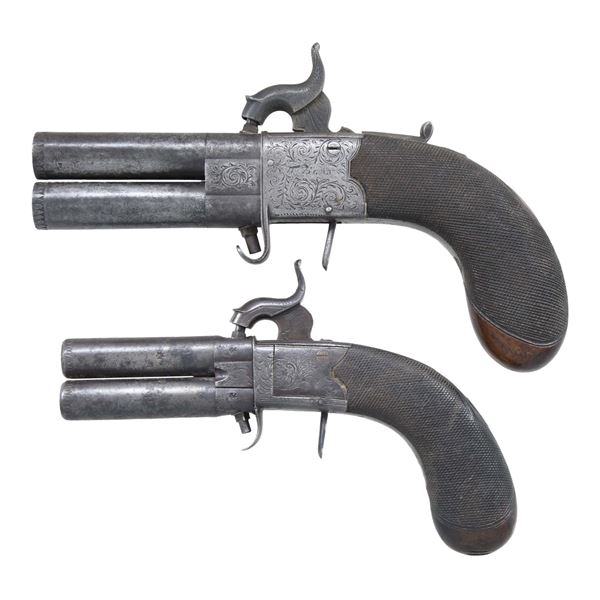 TWO BRITISH SWIVEL BARREL PERCUSSION PISTOLS.