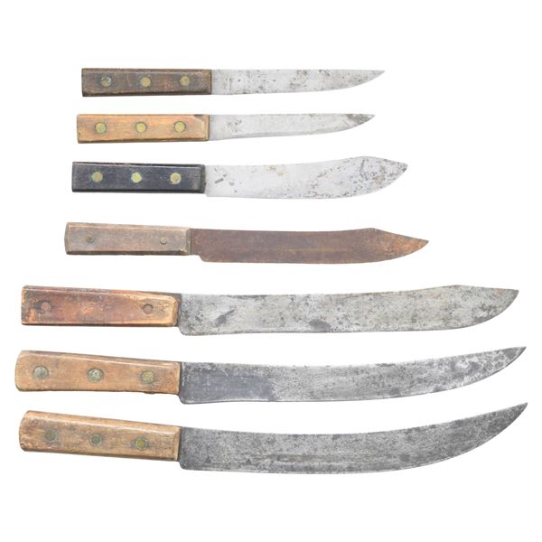 7 LARGE EARLY BUTCHERING KNIVES.