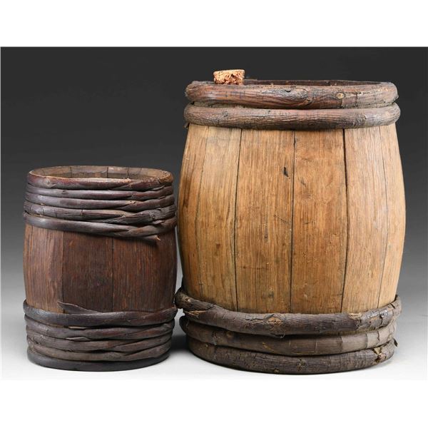 2 WOODEN GUNPOWDER KEGS.
