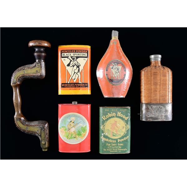 5 MISC POWDER TINS & WOODEN BIT BRACE.