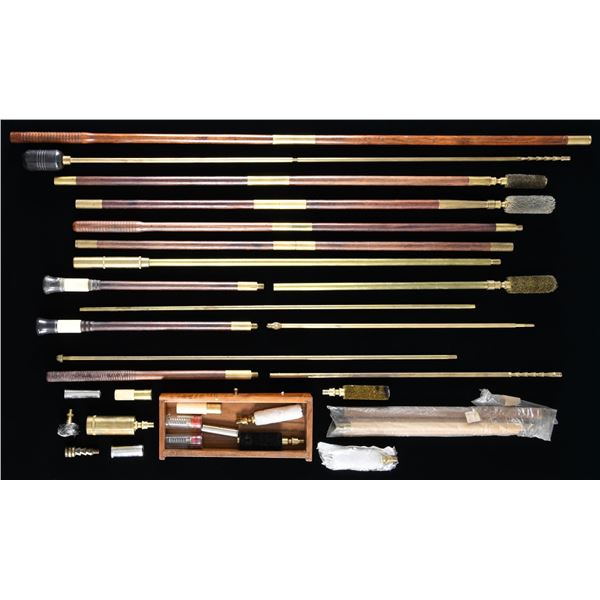 LOT OF FIREARM CLEANING RODS, BRUSHES & MOPS.