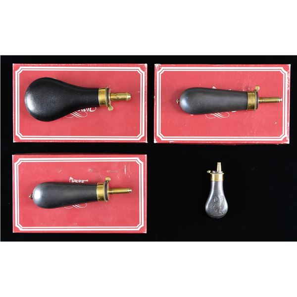 4 JAMES DIXON REPRODUCTION POWDER FLASKS.