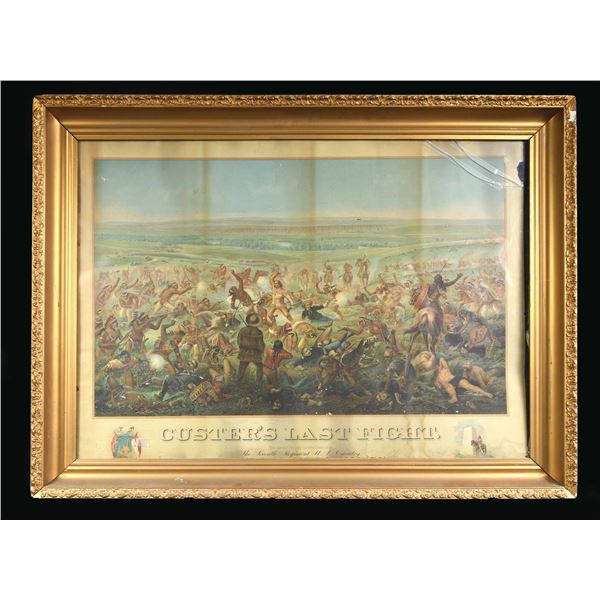 LARGE FRAMED POLYCHROMATIC PRINT TITLED "CUSTER'S