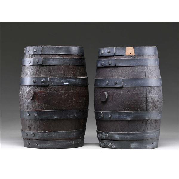 TWO MODERN DECORATIVE FAUX CASKS.