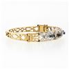 Image 6 : Vintage 14K TT Gold 1.50 ctw Diamond & Sapphire Open Flower Hinged Bangle Bracel