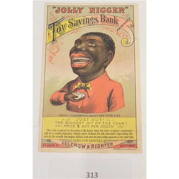 Ephemera - Trade Card Toy Savings Bank Blank Americana "Jolly N****"
