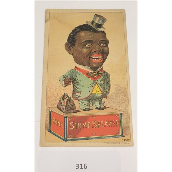 Ephemera - Trade Card "Stump Speaker" Toy Savings Bank Black Americana