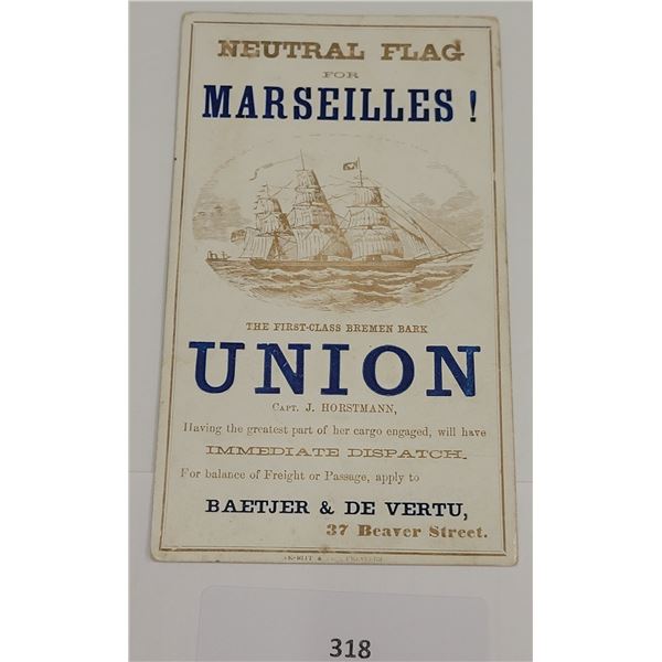 Neutral Flag for Marseilles The First-class Bremen Bark Union Clipper Ship Trade Card