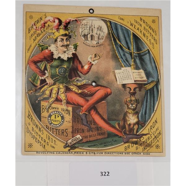 Novelty Mechanical Calendar Brown's Iron Bitters Baltimore, Maryland Trade Card