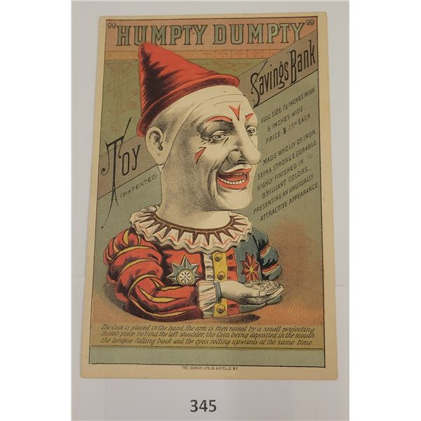 "Humpty Dumpty" Clown Toys Savings Bank Advertising Trade Card