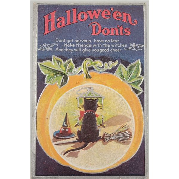Jackson Halloween Cat on Broom in Pumpkin Holiday Greeting Postcard