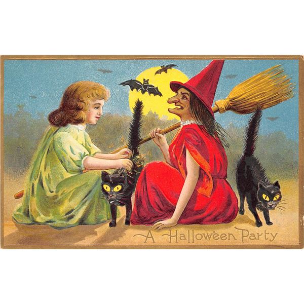 A Halloween Party Girl with With & Black Cat Holiday Greeting Postcard