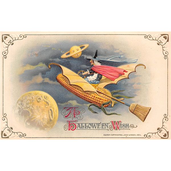 A Halloween Wish Winsch on Corn Broom Holiday Greeting Postcard