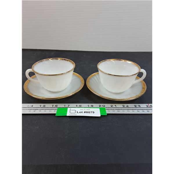 (2) Fire King Milk Glass w/Gold Trim Tea Cup & Saucer Set