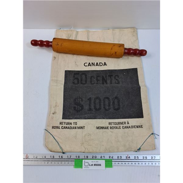 Royal Canadian Mint 50 Cent Canvas Bag & Vintage Wooden Rolling Pin
