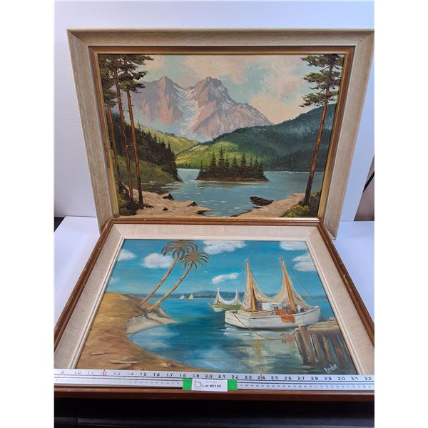 (2) Oil Paintings: Tropical Beach & Rocky Mountains Scene - 31" x  24"  PICK UP