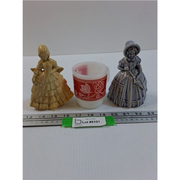 (2) Ceramic Renaissance Lady Figurines and Fire King Mug