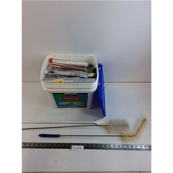 Pail of Wine Making Supplies & Long-Handled Utensils