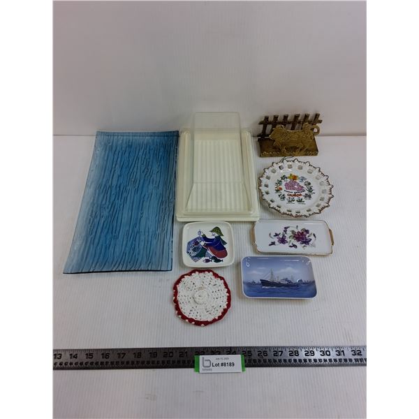 Vintage Food Serving/Storage Items - Platter, Fancy Plates, Brass Napkin Holder