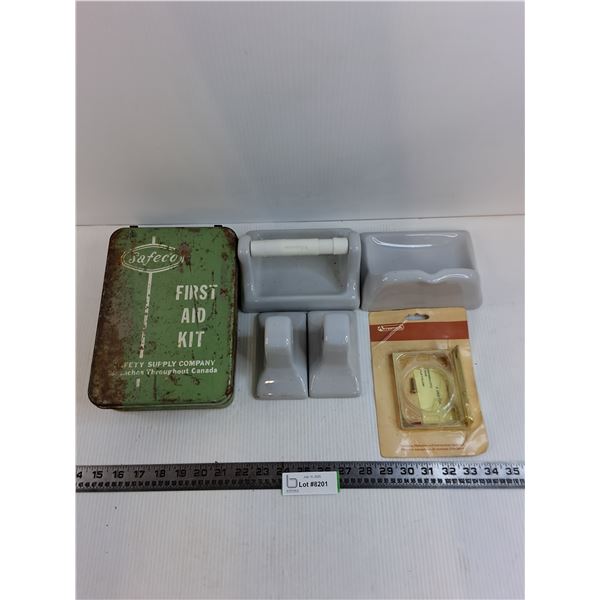 Set of Ceramic Bathroom Fixtures, Brass Bracket - NOS, Vintage Metal First Aid Kit