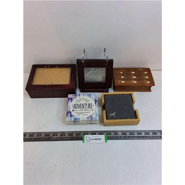 (2) Wooden Trinket Boxes, Photo Album, 2 Sets of 4 Ceramic Coasters