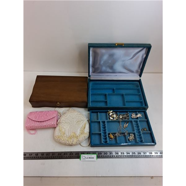 (2) Jewelry Boxes with Contents, (2) Ladies Vintage Hand Bags