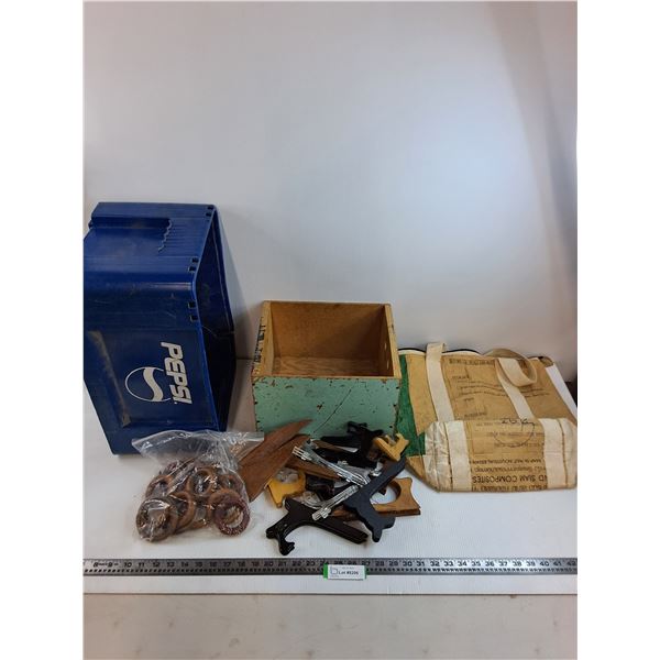Assorted Picture Holders, Wooden Box, Pepsi Crate, Storage Bag, Wooden Circles