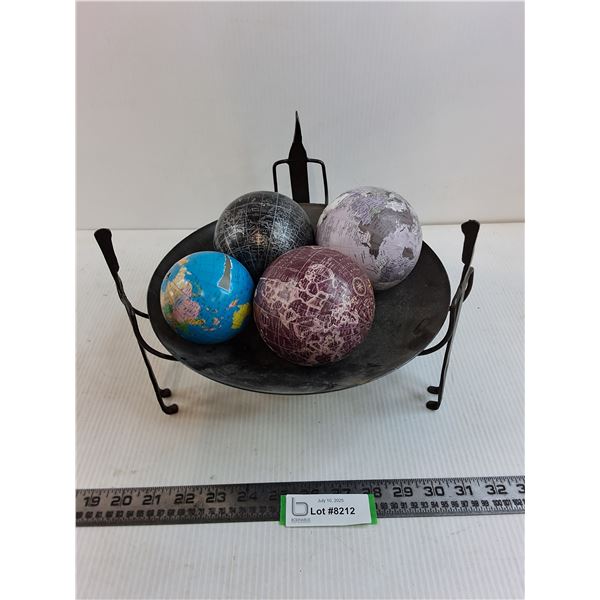Metal 11" Dia Tray Decor with 4 Mini Earth Globes