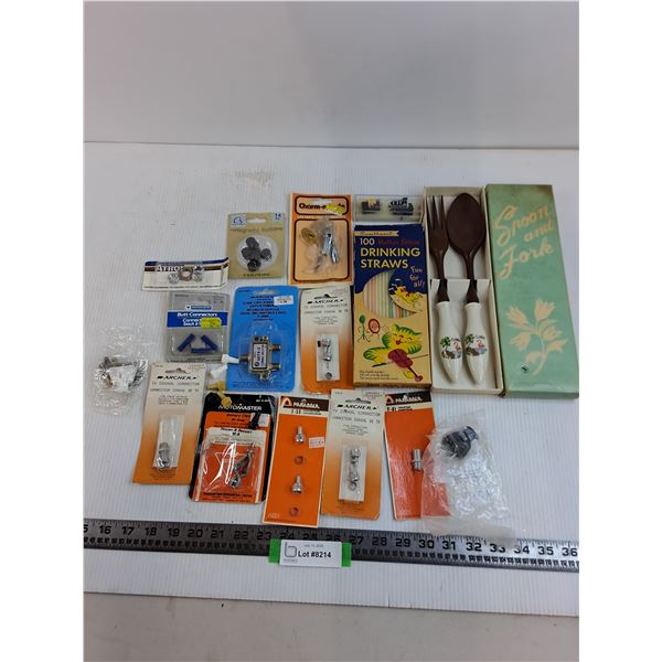 Assorted Vintage Hardware/Electronic Components, Drinking Straws, "Florida" Salad Utensil Set