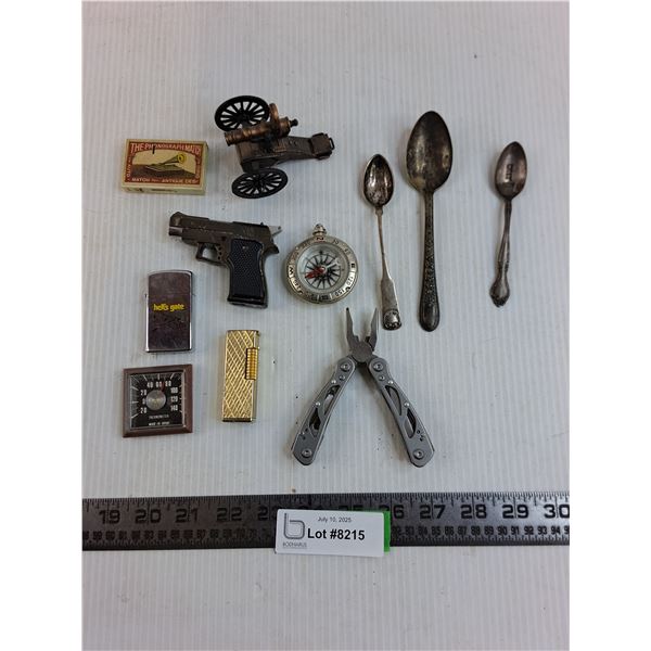 Lighters, Spoons, "Cannon" Pencil Sharpener, Multi-Tool, Compass
