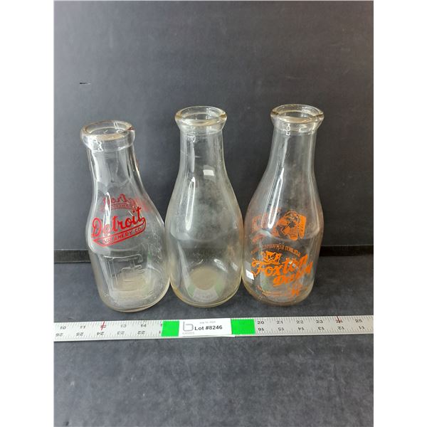 (3) Vintage Milk Jugs- Foxton Dairy, Detroit Creamery, Other Up to 10" Tall
