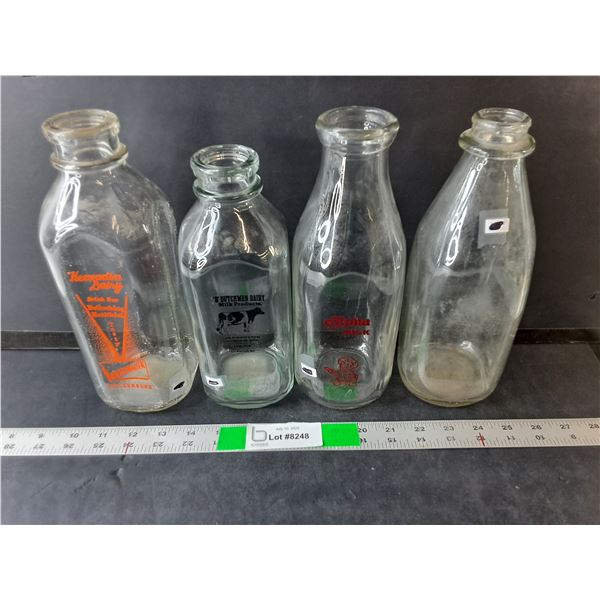 (4) Vintage Milk Jugs- Heewadin Dairy, 'D' Dutchmen, Alpha Milk Up to 10" Tall