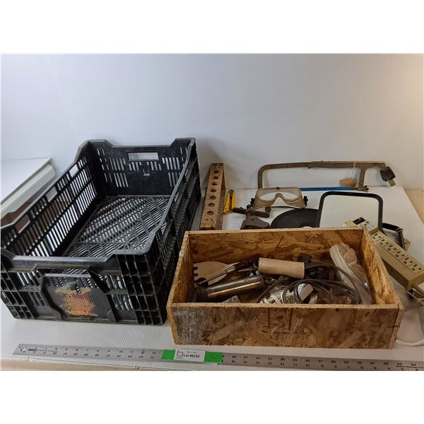 Plastic Crate 23.5" x 15.5" x 9.5", Spike Bar, Hand Saw, Misc.  -  PICK UP