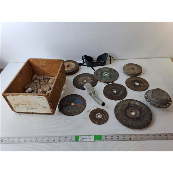 Vintage Welding Goggles- As Is, Wood Crate 12" x 9" x 5.5", Grinding Wheels, Misc.