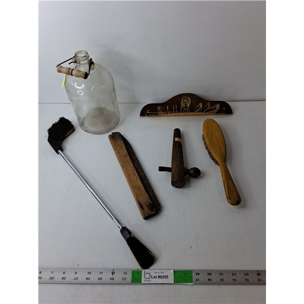 Vintage Lot- Glass Jug 9.5" Tall, Wall Mounted Belt Rack, Golf Shoe Brush with Shoehorn, Misc.