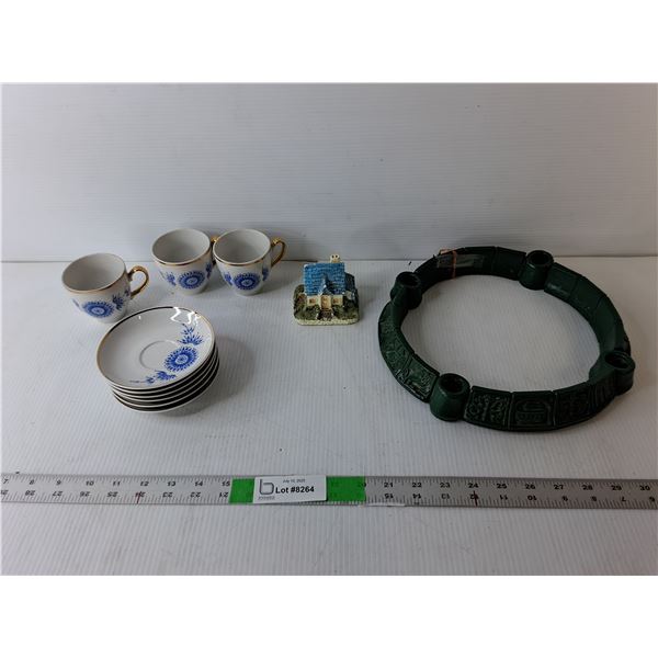 Wood Engrained Wreath 11", (3) Decorative Teacups & (6) Plates