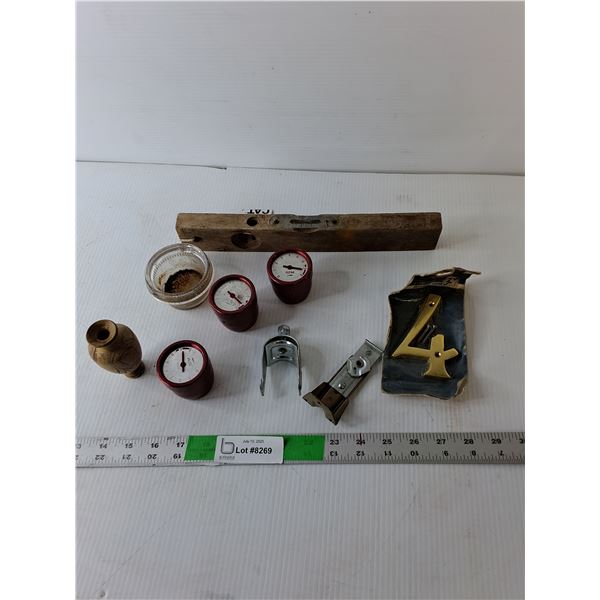Brass Number, Vintage Wood Level, (3) Tachometers, Misc.
