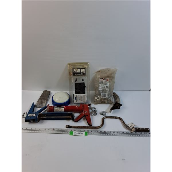 Handy Lot: (2) Caulking Guns, Hand Crank 1/2" Socket, Plywood Sheathing Slips, Misc