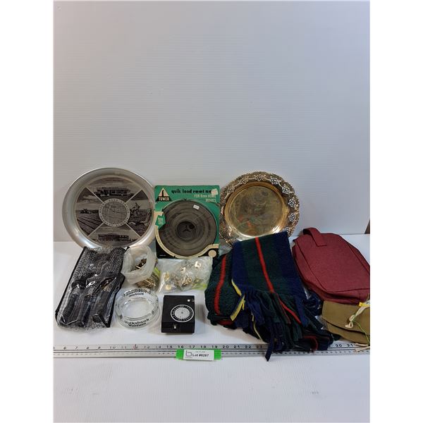 Lot: Scarf, Provost Esso Glass Volksbank Ashtray, (3) Hairbrushes, Misc
