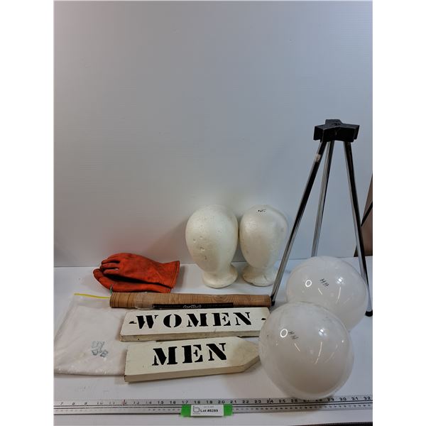 Lot: (2) Mannequin Heads, (2) Glass Light Globes, Washroom Signs, Gloves, Misc
