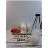 Image 1 : Lot: (2) Mannequin Heads, (2) Glass Light Globes, Washroom Signs, Gloves, Misc