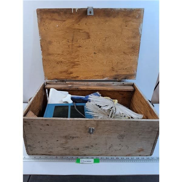 Wood Storage Box w/ Contents: Vintage Heater, Rope, White Grab Bar - CANNOT SHIP
