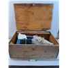 Image 1 : Wood Storage Box w/ Contents: Vintage Heater, Rope, White Grab Bar - CANNOT SHIP